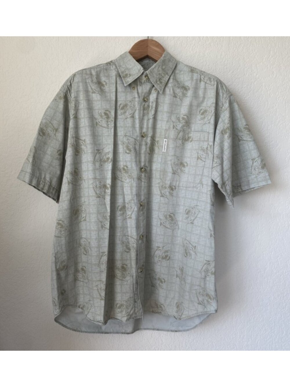 Columbia Hawaiian Button Up Light Green Fish Pattern Men's XL